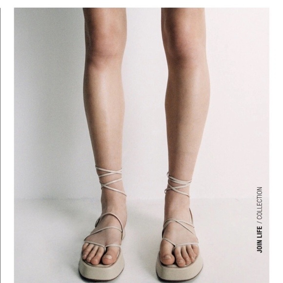 Zara lace up leather nude beige Strappy Platform Sandal shoes flip flop Flatform - Picture 7 of 10